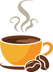 coffee, cup, mug, hot, drink, beverage, steam, beans, breakfast, cafe, icon, illustration, vector, design, cartoon, symbol, yellow, saucer, shadow, brown