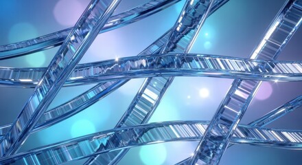 Abstract shimmering blue geometric interconnected shapes background with bokeh lights