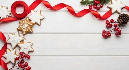 Christmas cookies and decorations on a white wooden table.