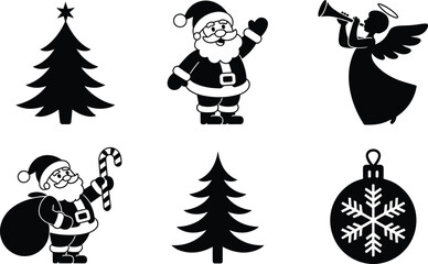 christmas, holiday, festive, silhouette, illustration, vector, design, decoration, ornament, santa, tree, angel, trumpet, stocking, snowflake, celebration, icon, graphic, style, winter, season