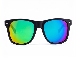 Black rimmed sunglasses with bright colored lenses, horizontal shot and isolated 