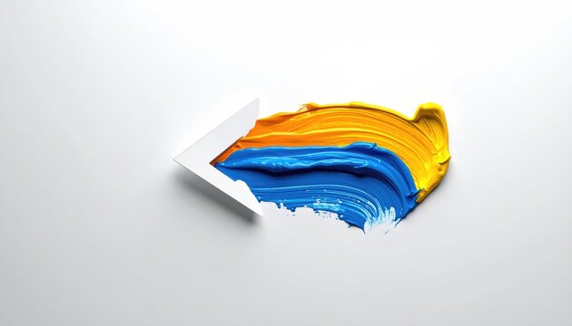 Modern abstract design featuring a white arrow head piercing through a vibrant brushstroke of blue and yellow paint on a white background