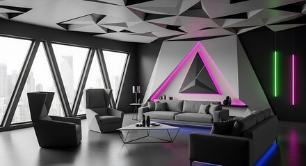 Modern interior design of a living room with neon lights and geometric shapes
