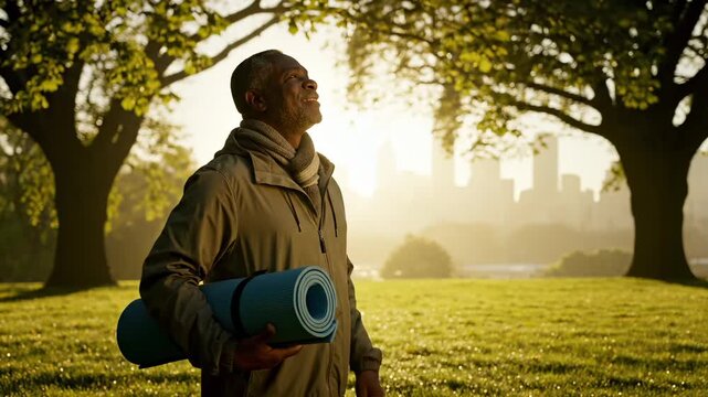 man in park holds yoga mat while wearing jacket. tree and grass frame scene under sunlight. skyline appears distant in morning. jacket hood up. mat strap over shoulder. light casts long shadow.