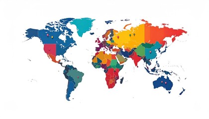 Obraz premium A vibrant, simplified world map illustration with each country a different color. Small red pins mark various locations