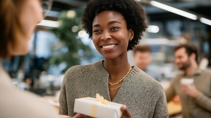 Colleagues gathering in office break room to surprise a coworker with a small gift after a tough week, symbolizing empathy in corporate culture, workplace morale boosting, and collective kindness