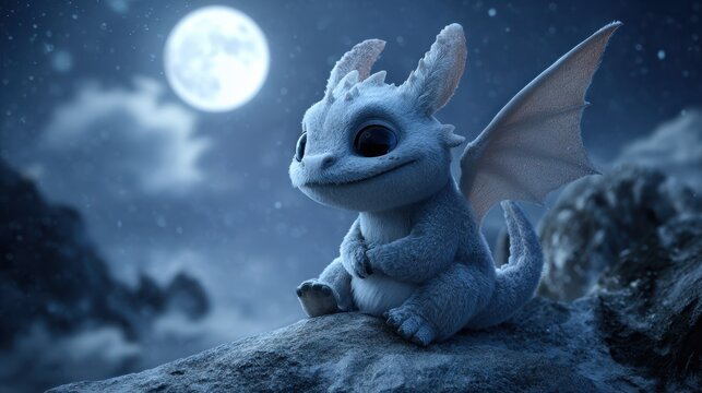Cute little dragon sitting on a rock under the moonlight in a mystical landscape at night