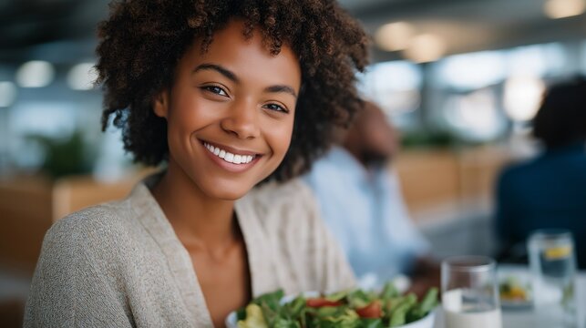 Bright office breakroom with a diverse group of colleagues enjoying lunch with a new hire — lifestyle-driven representation of connection, well-being, and corporate community building. cinematic