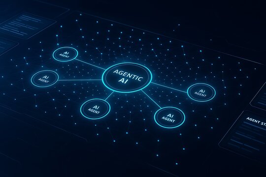 A futuristic 3D dashboard showing multiple AI agents working collaboratively through interconnected glowing nodes. Best for topics on autonomous systems and agentic AI.