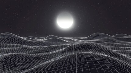 Digital landscape with wireframe grid and distant glowing moon