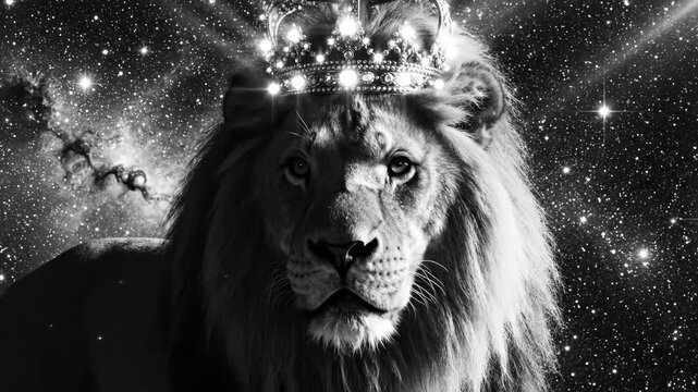 Majestic lion with illuminated crown in cosmic black and white