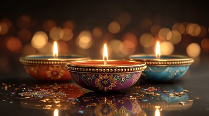 Colorful clay lamps illuminate a festive celebration with warm light and sparkling decorations