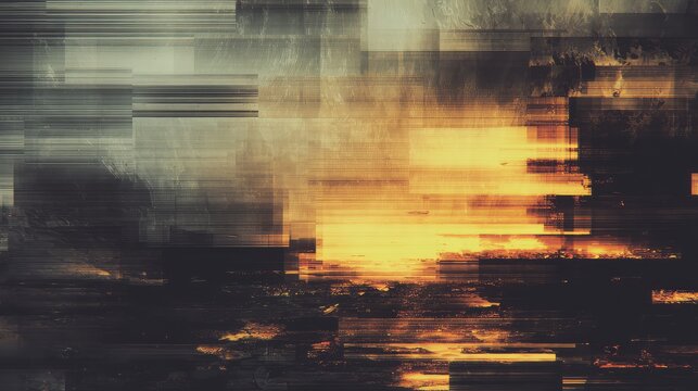 Abstract digital glitch art displaying distorted landscape sunset