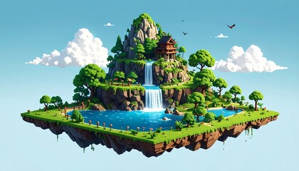 A pixelated island with a waterfall, trees, and a building, High quality Background