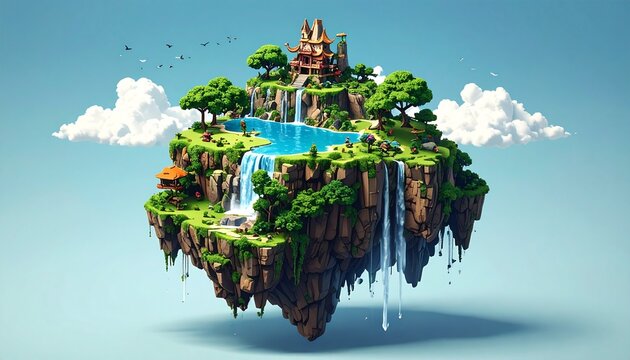 A pixelated island with a waterfall, trees, and a building, High quality Background 