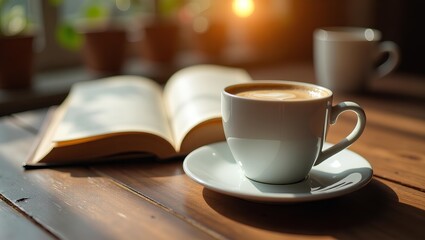 a warm and inviting coffee cup placed beside an open book on a rustic wooden table