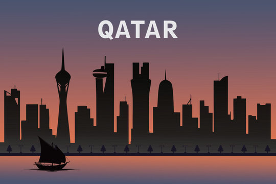 Illustration of the Doha, Qatar skyline silhouette with a warm sunset gradient and a traditional dhow boat in the foreground. A modern design suitable for posters, banners, and promotional materials a