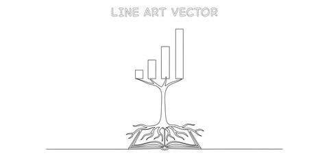 Continuous line drawing of a tree with a rising bar chart growing from an open book