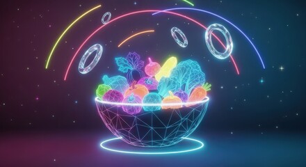 Abstract neon dreamscape with glowing spheres and crystalline forms