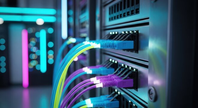 Data center network cables illuminated with neon lights in a server room