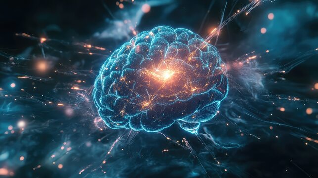 Human brain glowing with neural network connections