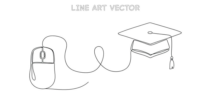 Continuous line art of a computer mouse connected to a graduation cap symbolizing online education and e learning