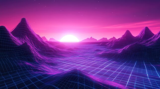 Retro futurism landscape with glowing grid and sunset - Powered by Adobe
