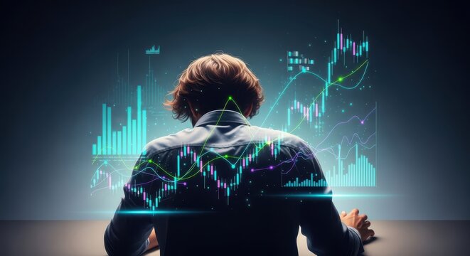 Person interacting with futuristic glowing digital stock market data interface