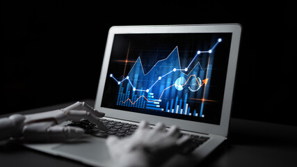 A futuristic robot hand interacts with a laptop showcasing intricate financial data visualizations in a dark setting, highlighting trends and analytics. Scalp
