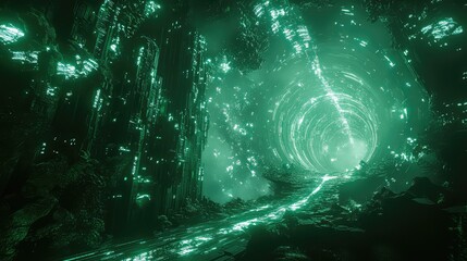 Futuristic digital data flowing through green neon tunnel