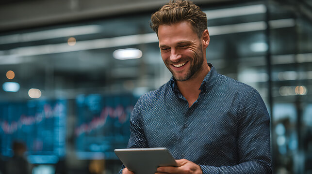 young business man working in office holding digital tablet reviewing online finance data productivity innovation and successful professional lifestyle - Powered by Adobe