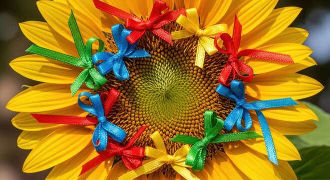 A vibrant sunflower with colorful ribbons tied around its petals.