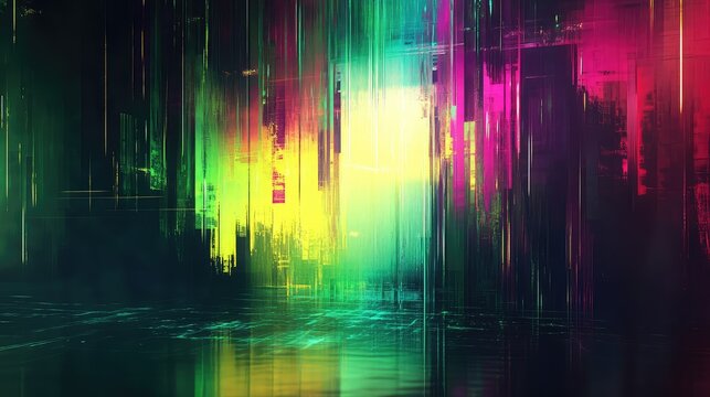 Digital glitch art background displaying vibrant neon light streaks