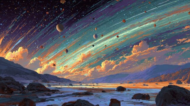 Stunning cosmic landscape with colorful planets and rings above a serene alien terrain at sunset