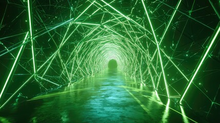 Futuristic green neon light tunnel in virtual space