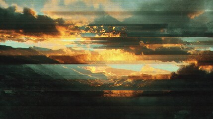 Glitch art sunset over abstract mountain landscape