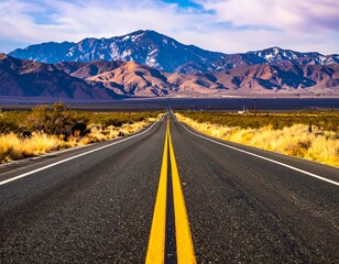 Open road stretching towards mountain range under a partly cloudy sky