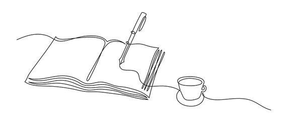 One Line Drawing of Open Book, Pen and Coffee Cup. Writing and Creativity Concept
