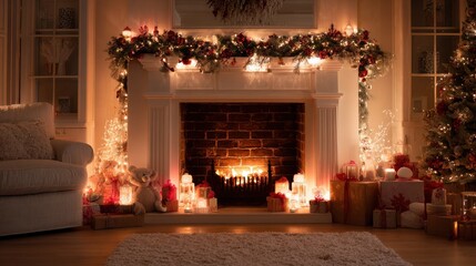 Cozy living room decorated for Christmas with a warm fireplace and holiday gifts in the evening