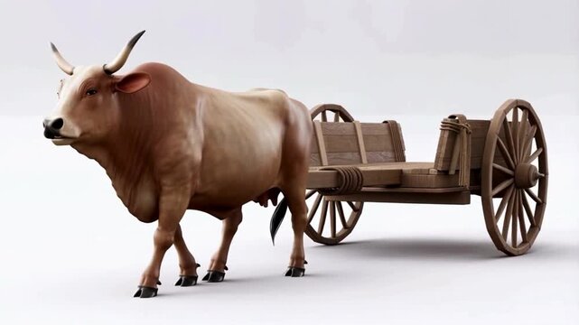 Realistic 3D Animation of an Ox Pulling a Traditional Bullock Cart on a Clean White Background. The ox walks slowly with natural body movement, realistic muscles, skin texture, and detailed breathing.