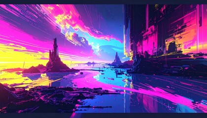 4k seamless looped VJ animation of Vibrant abstract glitch art in neon pink yellow 