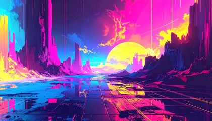 4k seamless looped VJ animation of Vibrant abstract glitch art in neon pink yellow 