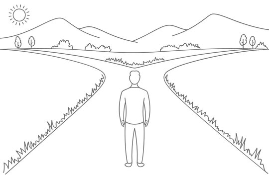 Man at a crossroads facing two paths in a landscape