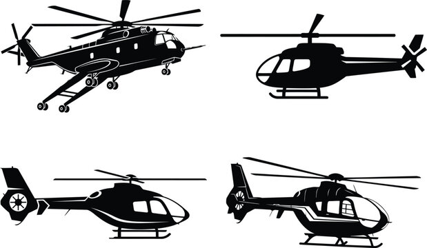 Set of three distinct helicopter vector silhouettes isolated