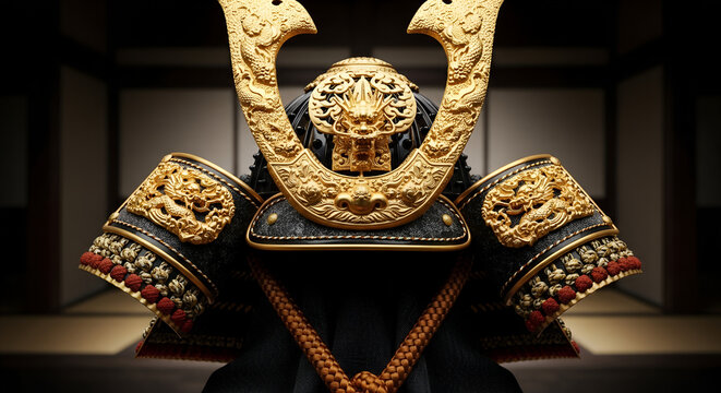 Traditional Japanese samurai armor with intricate gold details   - Powered by Adobe