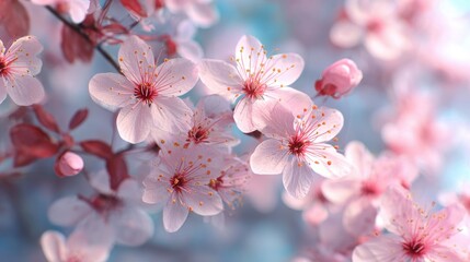 Obraz premium Cherry blossoms bloom beautifully in spring sunlight, showcasing delicate petals and vibrant colors in a tranquil setting