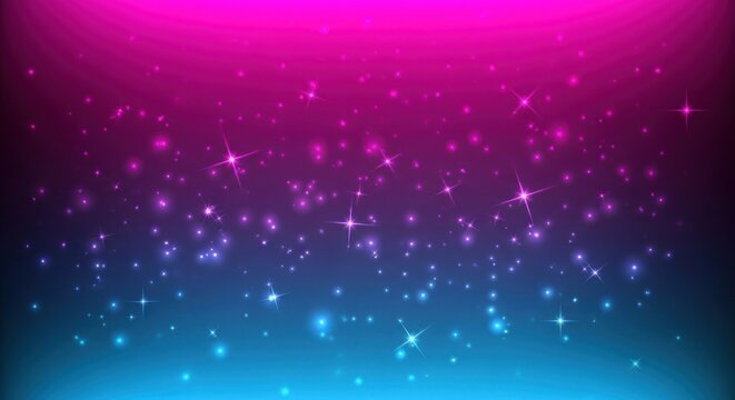 A vibrant pink and blue gradient background with a scattering of sparkling stars and glittering particles.