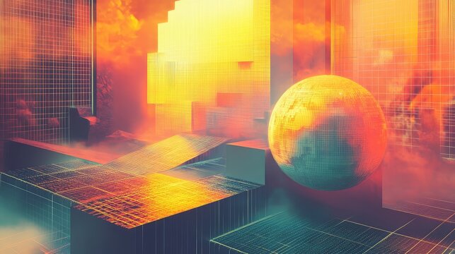 Abstract digital cityscape with glowing sphere and grid lines