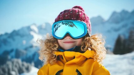 A child dressed in a bright jacket and goggles smiles while playing in the snow covered mountains during winter