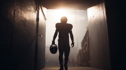 Fototapeta premium Football player prepares to enter the field during sunset for an exciting game in a lively stadium
